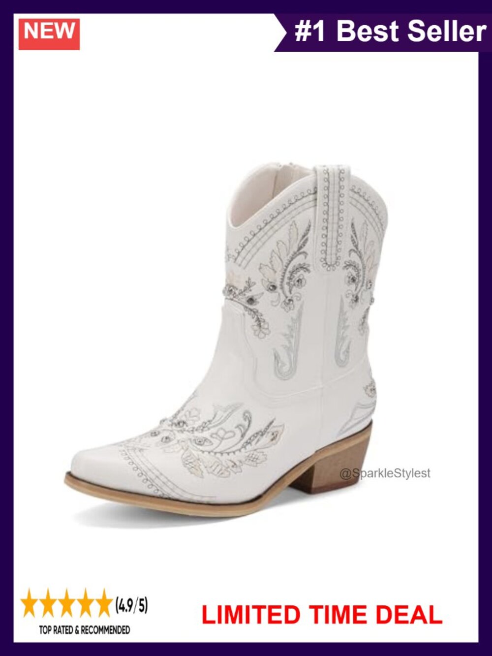 Rhinestone Embroidered Ankle Cowboy Boots Low Chunky Heel Western Booties